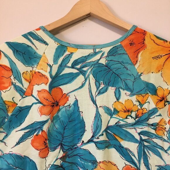 Cactus Faux Wrap Hawaiian Orange Hibiscus Tropical Sequin & Cotton Top - Picture 7 of 15